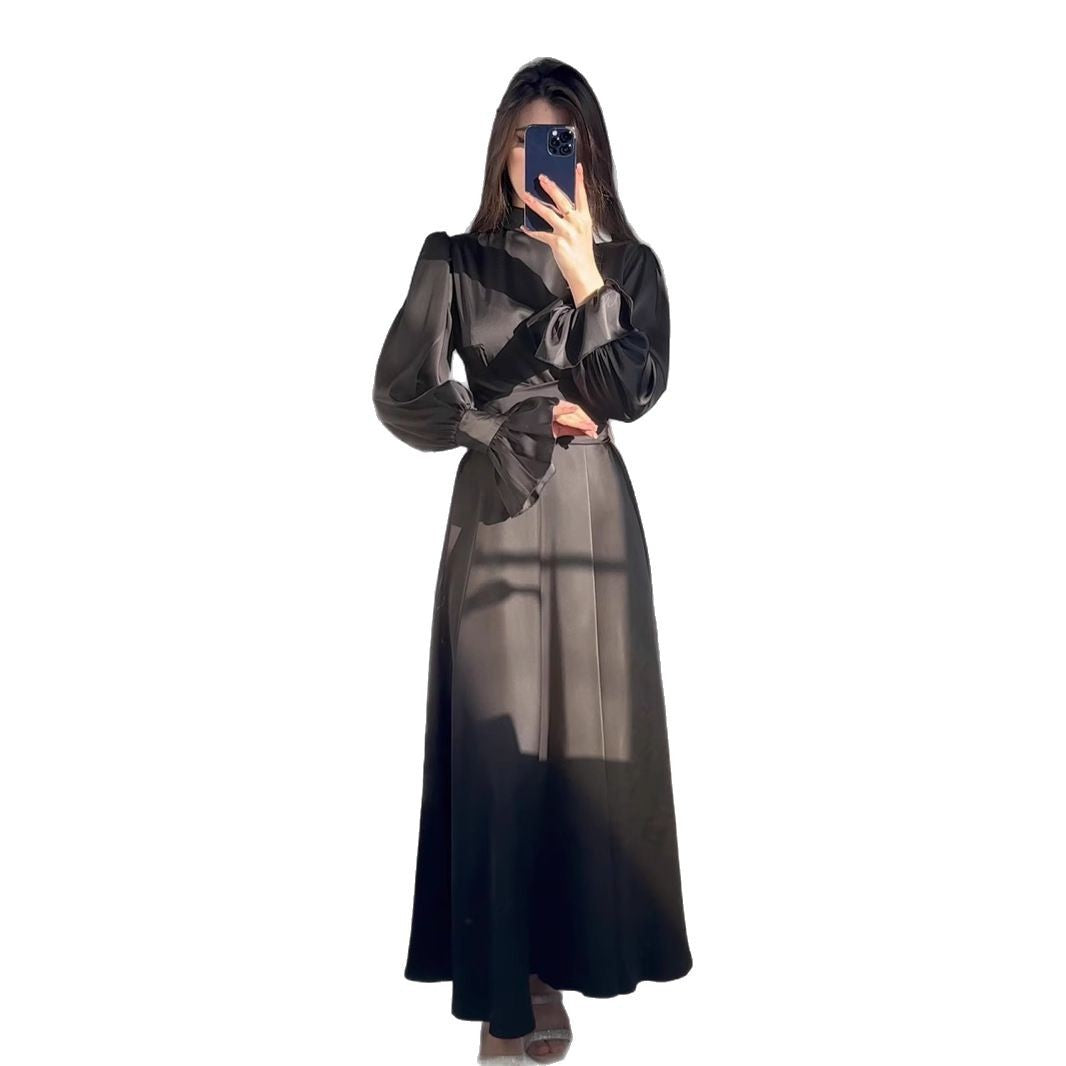 Women Elegant Maxi Dress with Voluminous Puff Sleeves and High-Quality Satin Surface Lune London