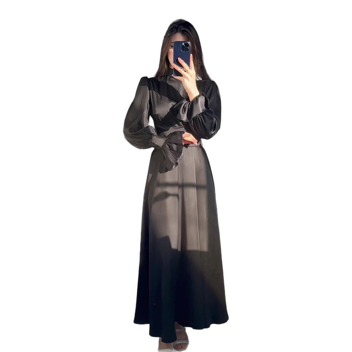 Women Elegant Maxi Dress with Voluminous Puff Sleeves and High-Quality Satin Surface Lune London