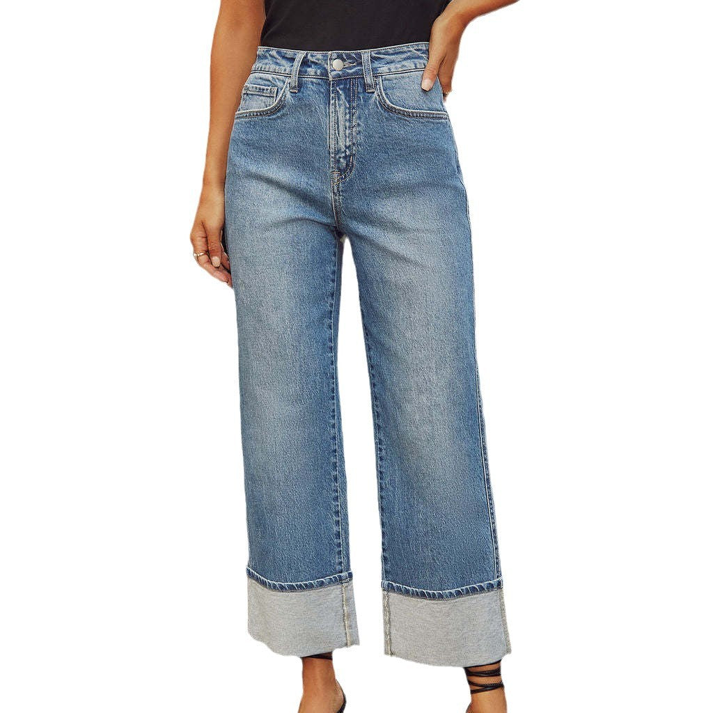 Ladies Wide Cut Jeans with Turned-Up Hem Lune London