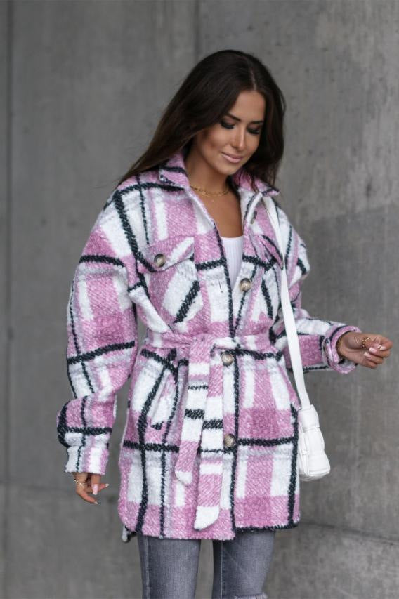 Women Trendy Plaid Flannel Jacket with Waist Belt Lune London