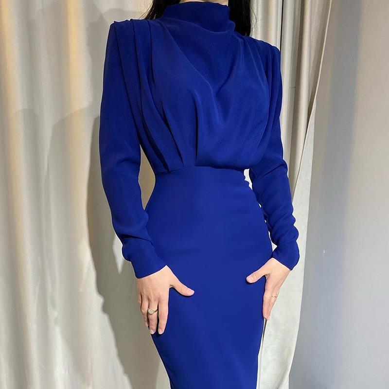 Women's Floor Contact Dress with Elegant Stand Collar and Gatherings Lune London