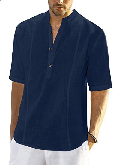 Short Sleeve Linen Shirt for Men with High Collar and Button Placket Chic und Stil