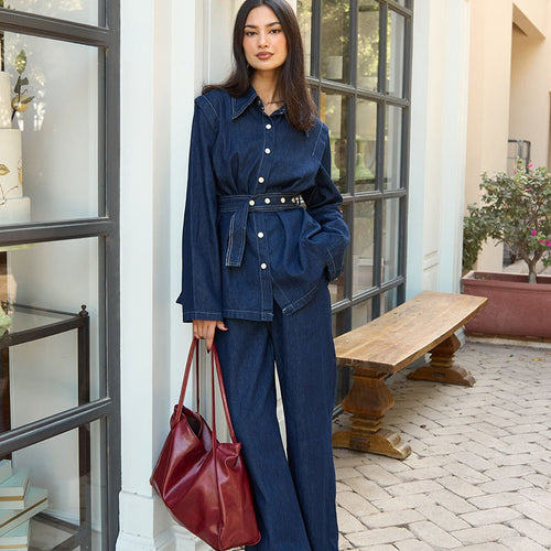 Denim jumpsuit for women with stylish belt and wide legs Lune London