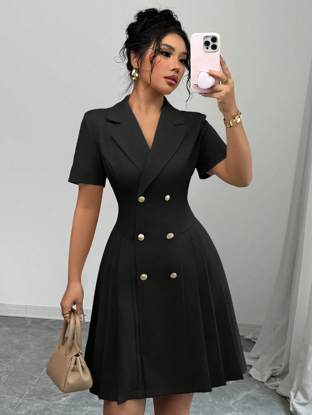 Lune London Elegant Pleated Double-Breasted Dress for Women