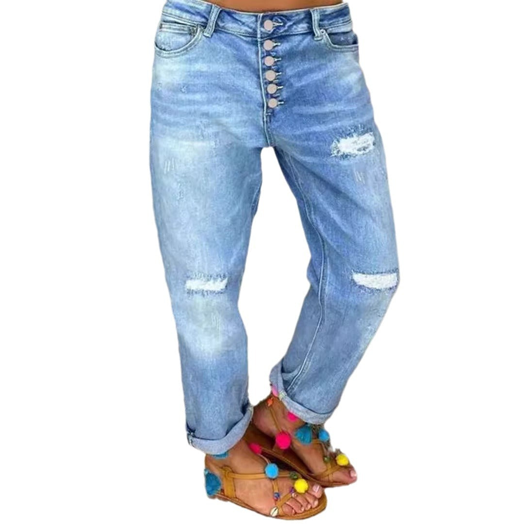 Women's Boyfriend Jeans with Button Closure and Distressed Details Chic Und Stil