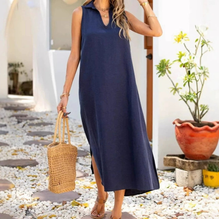 Maxi dress for women with V-neck and side slits Lune London