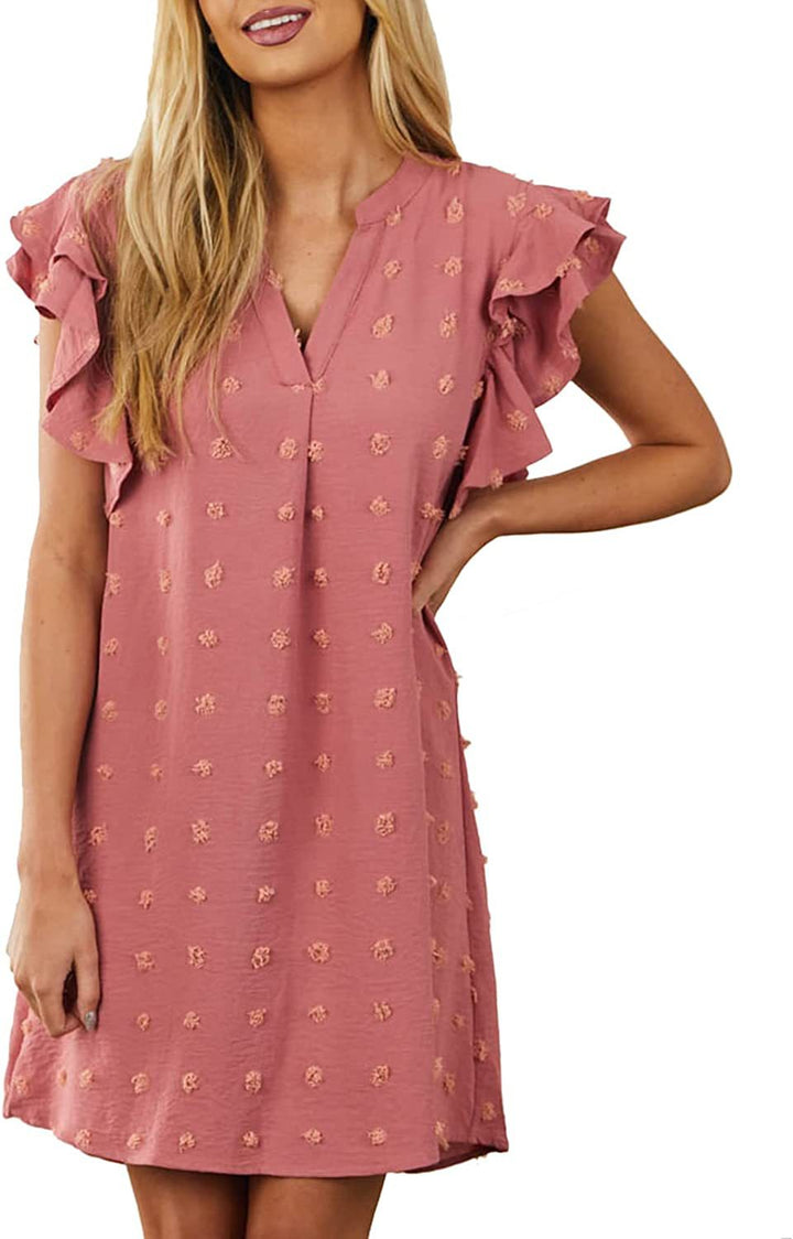 Chic and Stylish Women’s V Neck Shift Dress with Ruffle Sleeves
