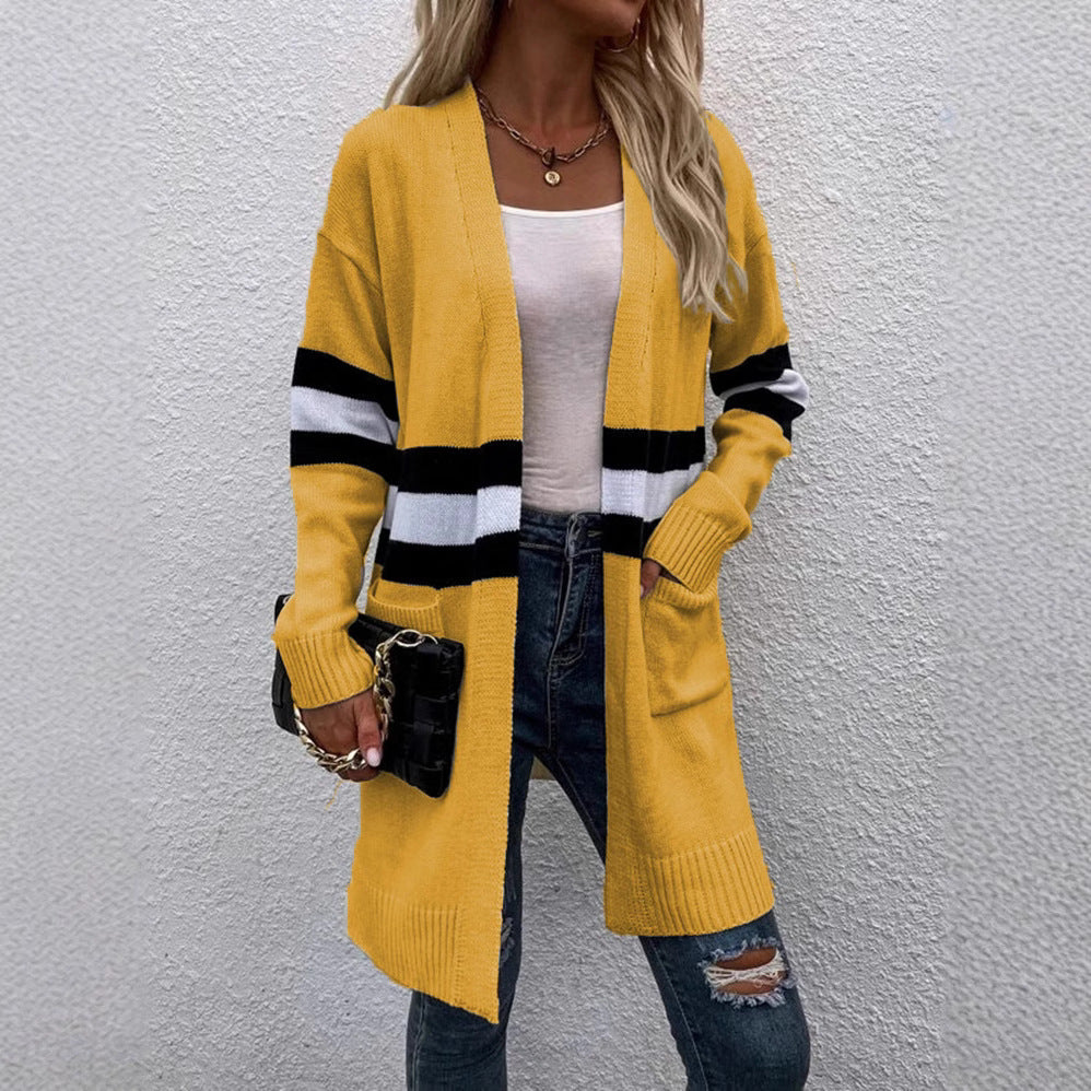 Long cardigan with long sleeves for women with modern stripes and practical pockets Lune London