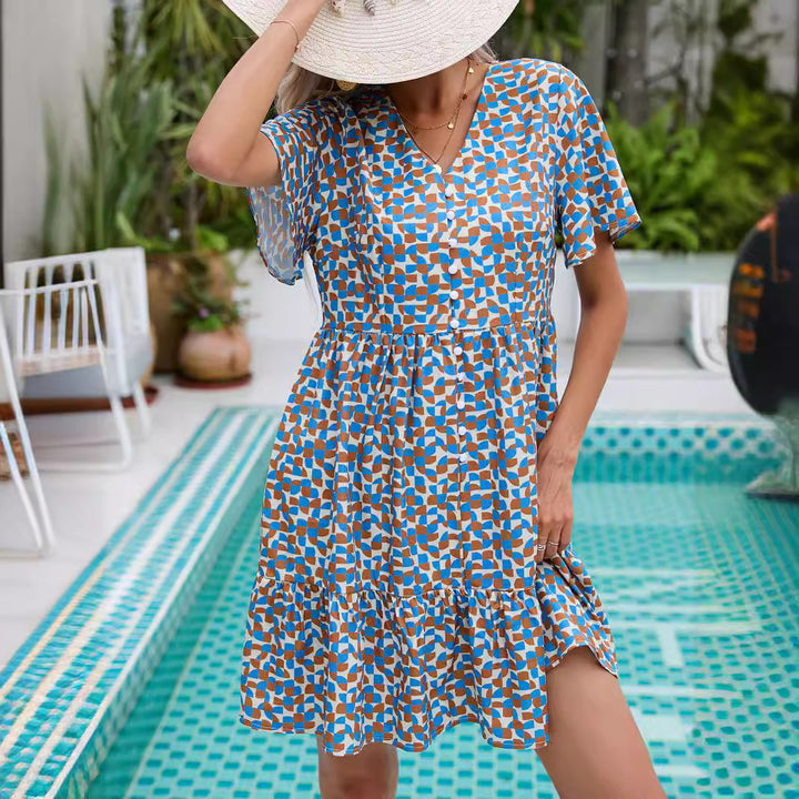 Short dress with short sleeves in geometric pattern Lune London