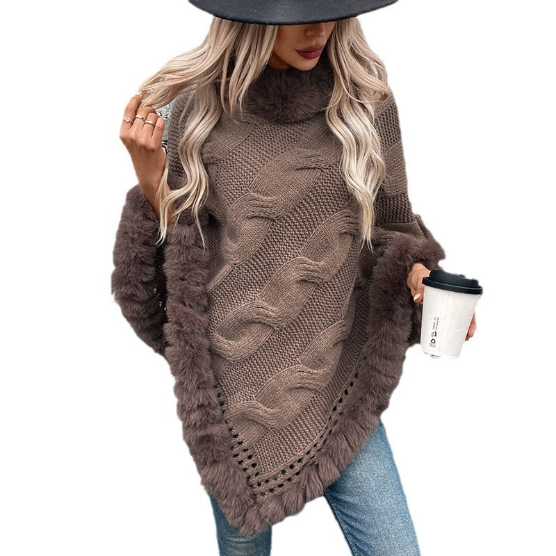 Ladies cozy poncho sweater with soft faux fur trim and cable knit pattern Lune London