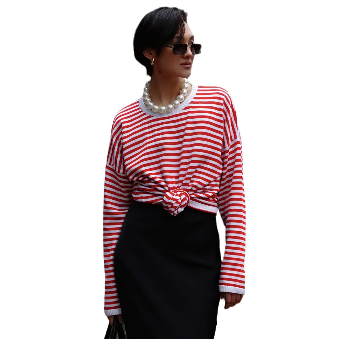 Women striped long casual t-shirt with bow detail Lune London