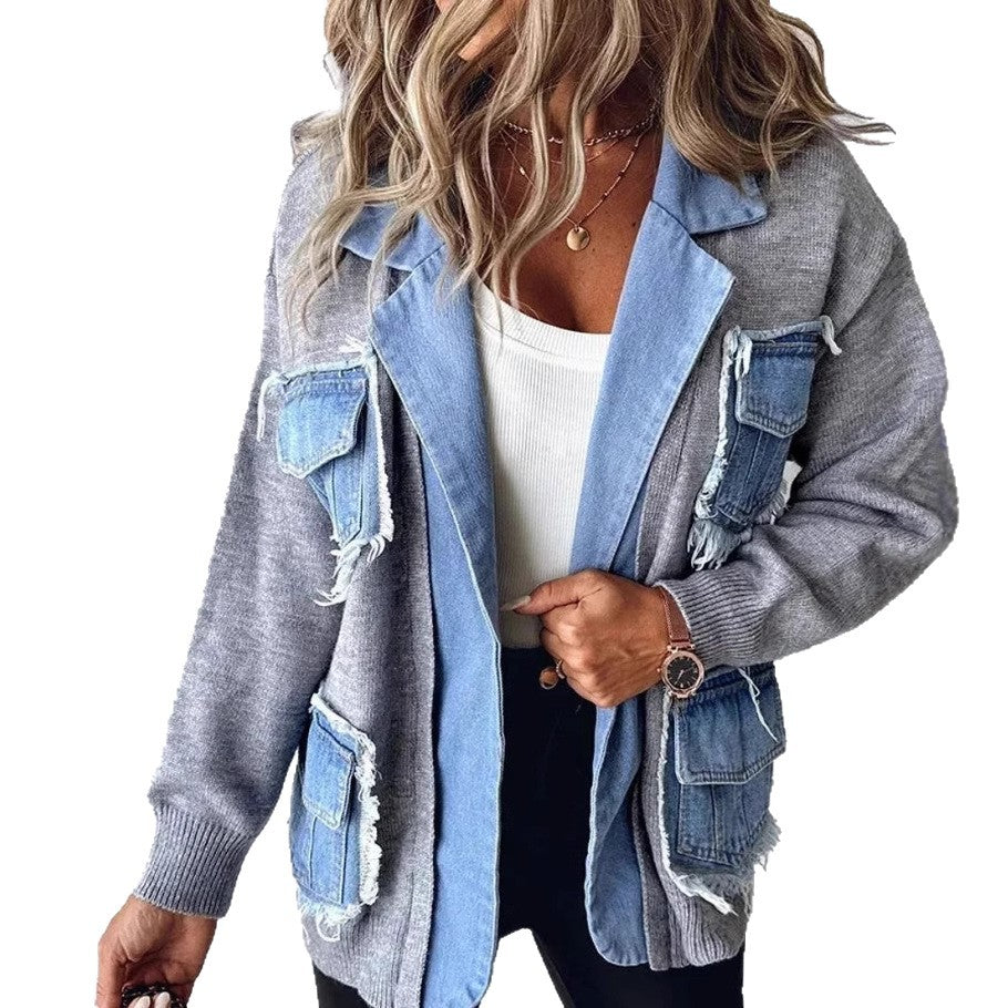 Dame cardigan de loisirs avec deux poches poitrine appliquées et un denim soigné Chic & Stil