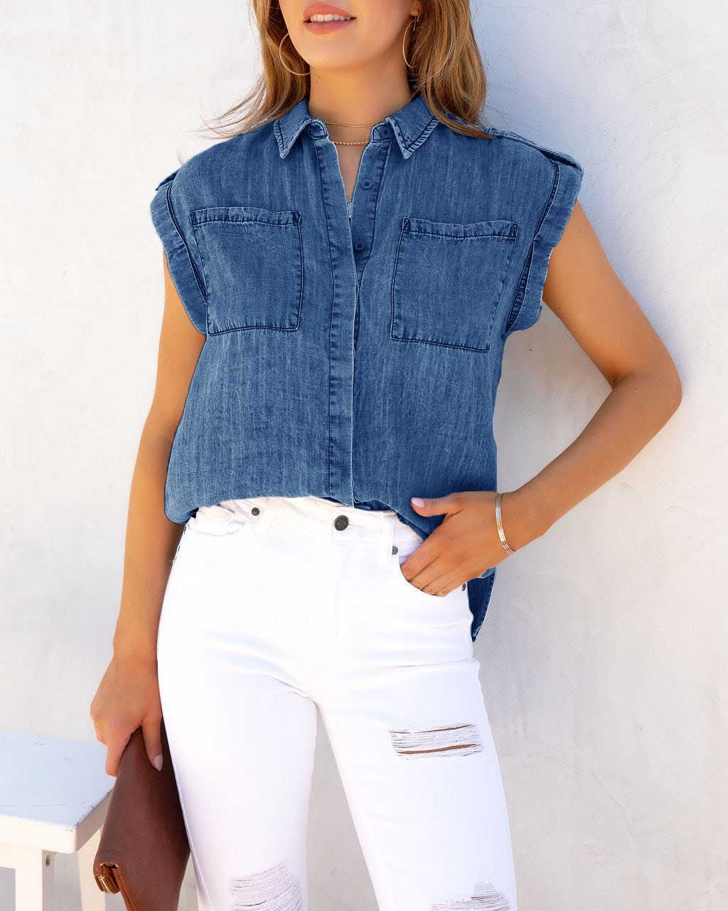 Chemisier à manches courtes pour femmes en denim avec poches poitrine Chic & Stil