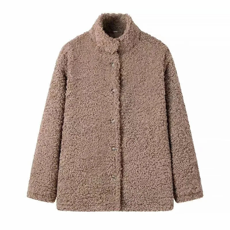 Comfortable fleece jacket for women with high collar and snap button closure Lune London