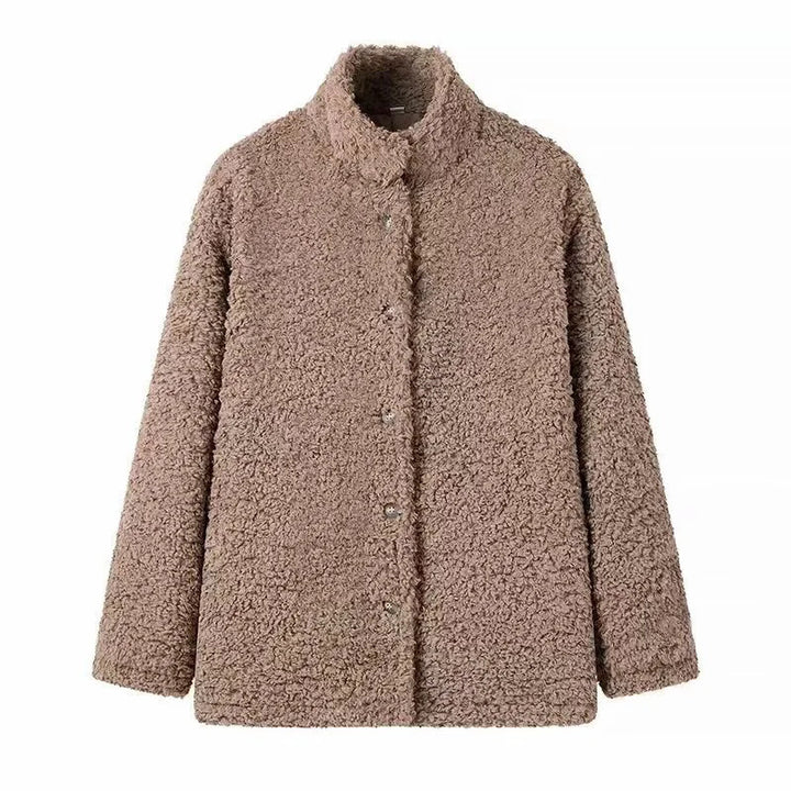 Comfortable fleece jacket for women with high collar and snap button closure Lune London