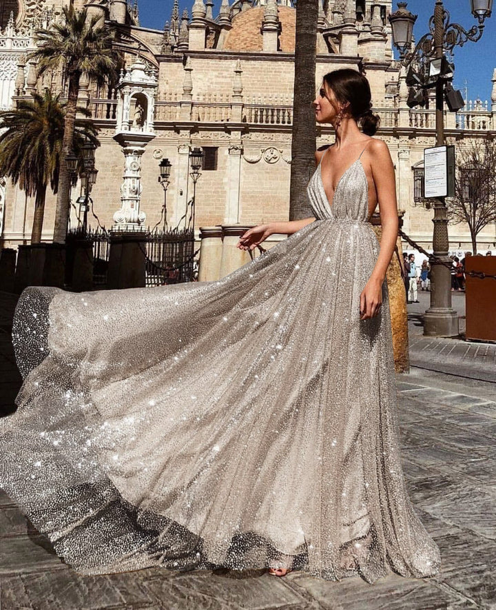 Ladies Glamorous Evening Dress with Deep V-Neck and Shining Sequins Lune London