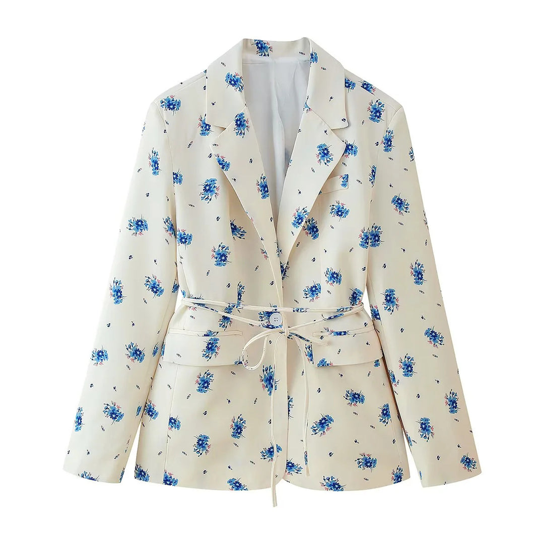 Elegant blazer jacket for women with floral pattern and adjustable belt Lune London