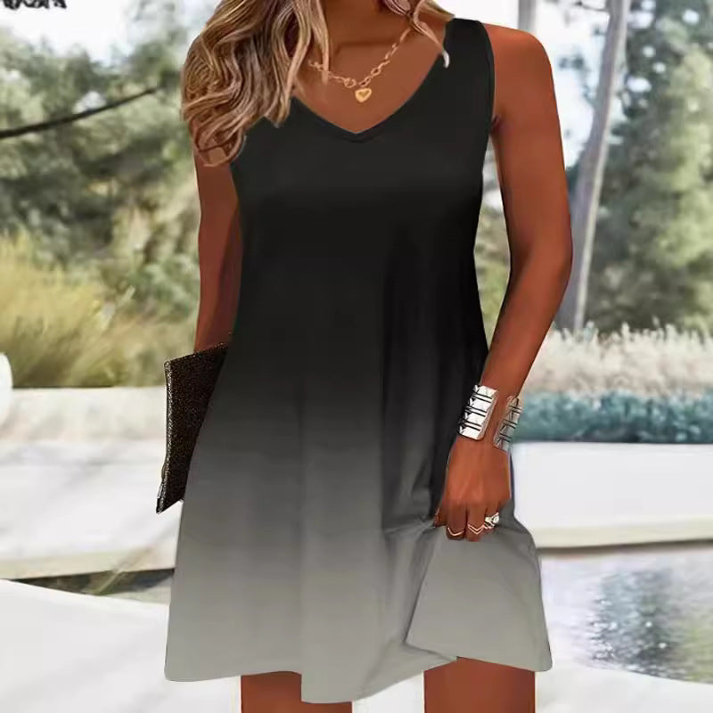 Summer dress with V-neck for ladies featuring a bright gradient of colors and a light, breathable fabric Lune London