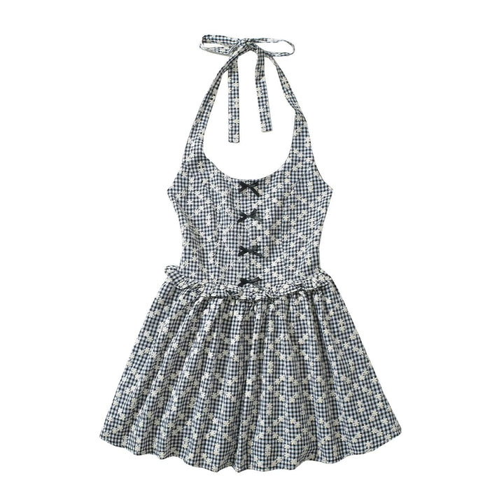 Leisure dress for ladies with a playful backless design and a floral plaid pattern Lune London