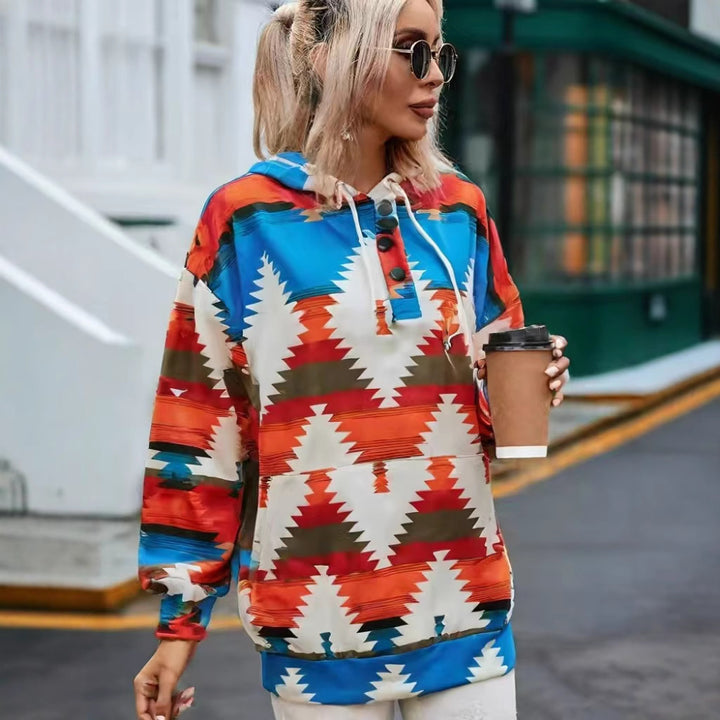 Hooded sweatshirt for women with a creative color pattern and practical buttons Lune London