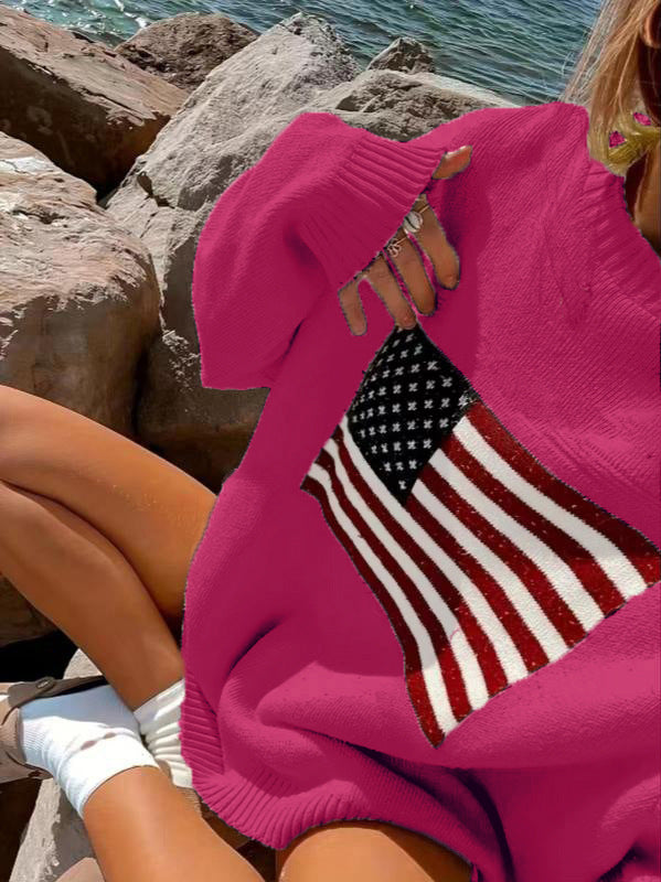 Casual plush sweater for ladies with a large American flag pattern Lune London