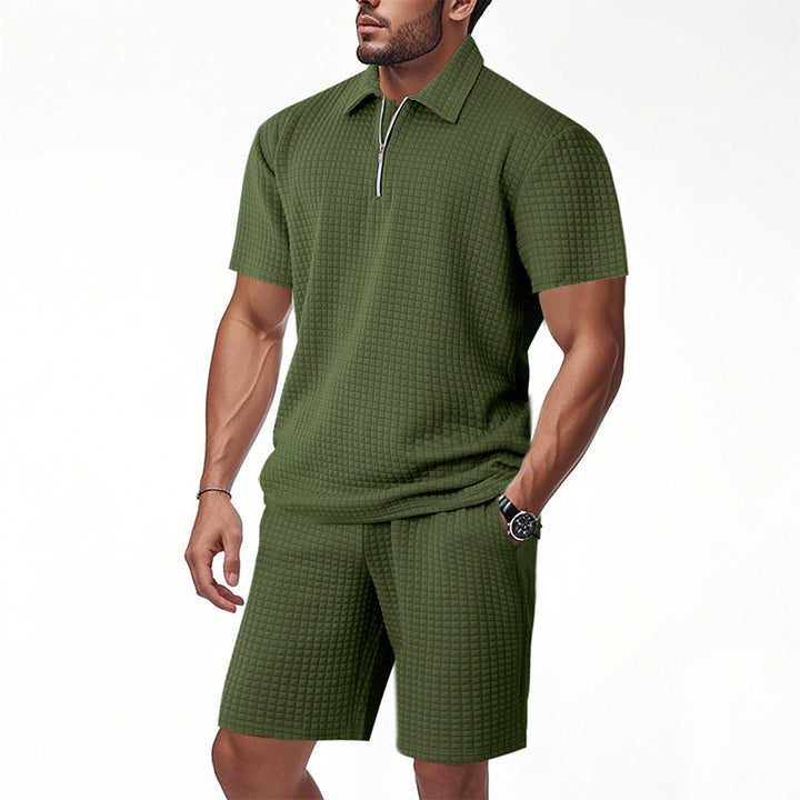 Men's modern short sleeve polo with contemporary design and chic elastic shorts