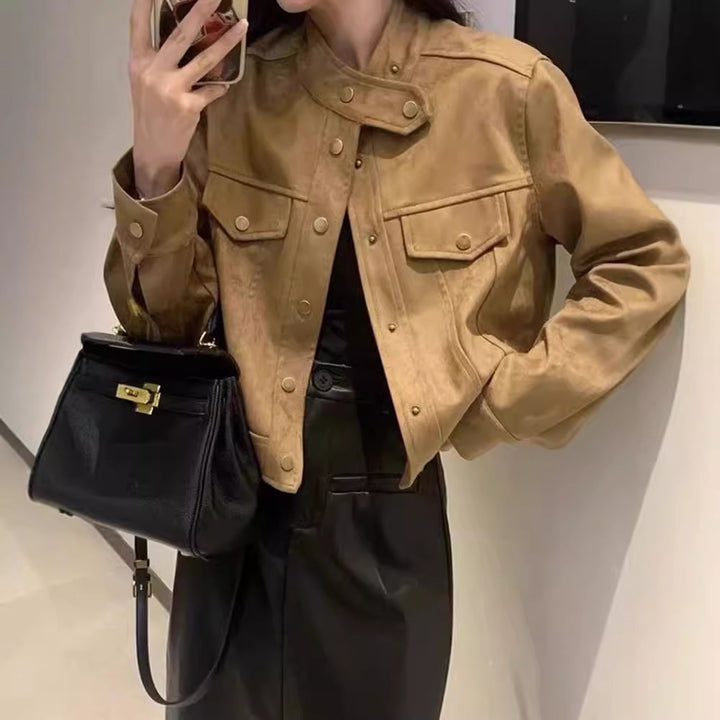 Cropped faux leather women's jacket with high collar and practical pockets Lune London