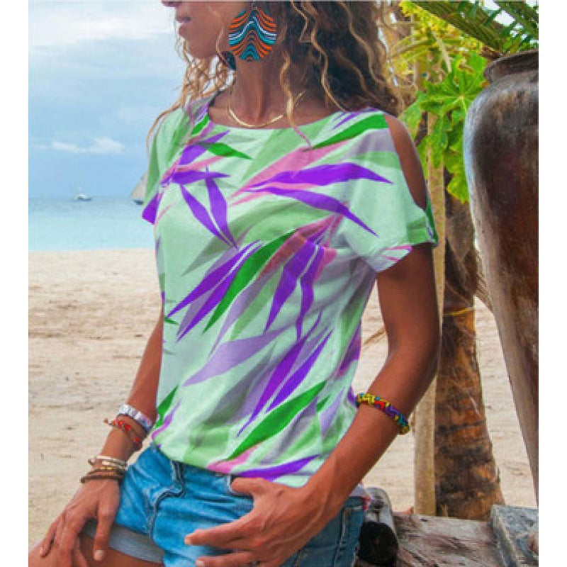 T-shirt pour femme avec coupe asymétrique et motif de feuilles colorées Chic & Stil
