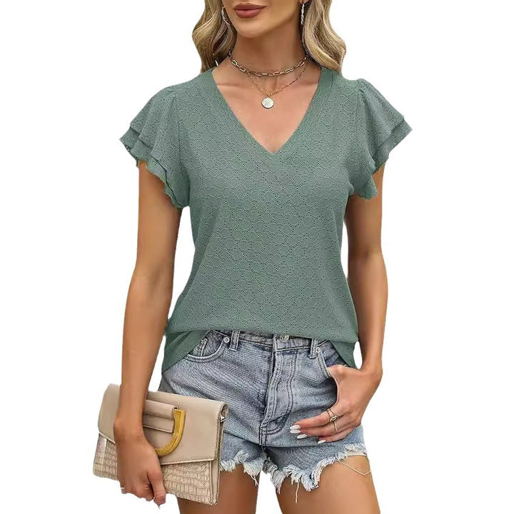 V-neck women's T-shirt with ruffle details Lune London