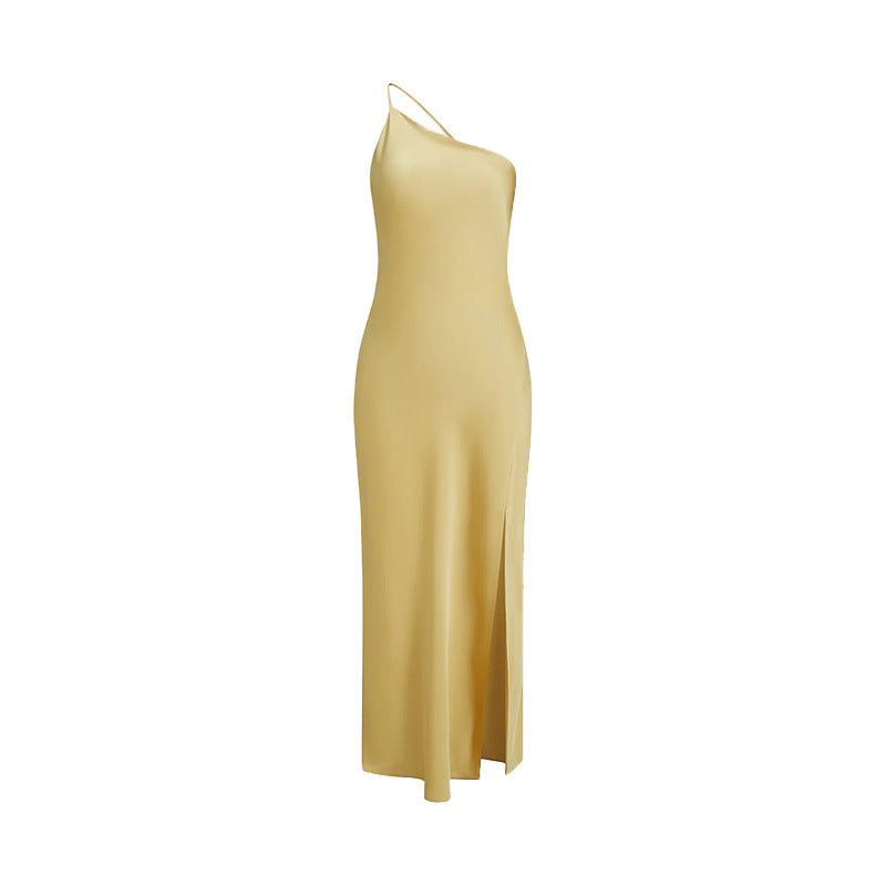 Maxi dress for ladies with asymmetric neckline and high slit Lune London