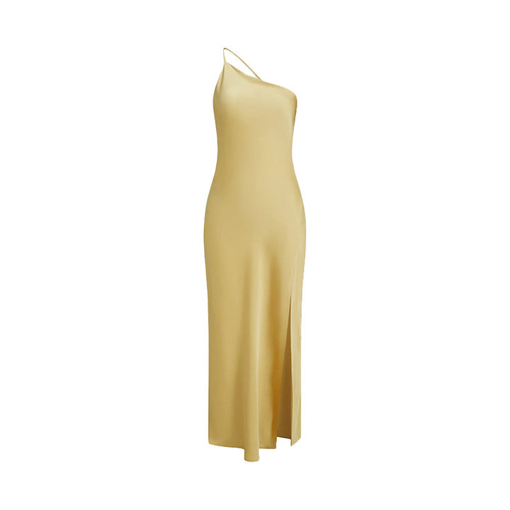 Maxi dress for ladies with asymmetric neckline and high slit Lune London