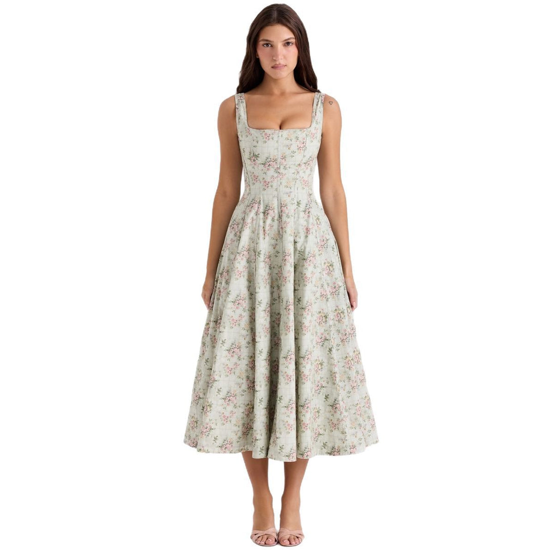 Women's Floral Maxi Dress with Slim Straps and Side Pockets