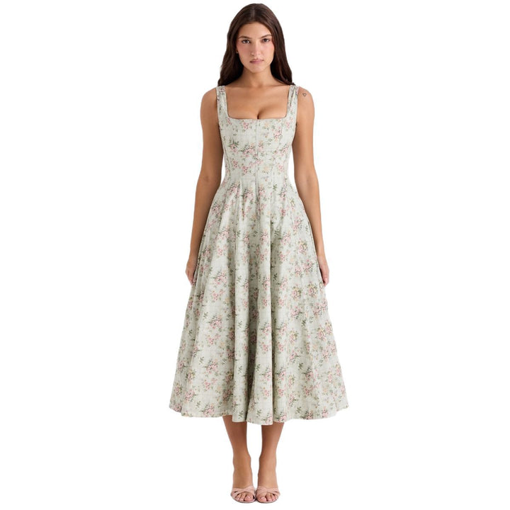 Women's Floral Maxi Dress with Slim Straps and Side Pockets