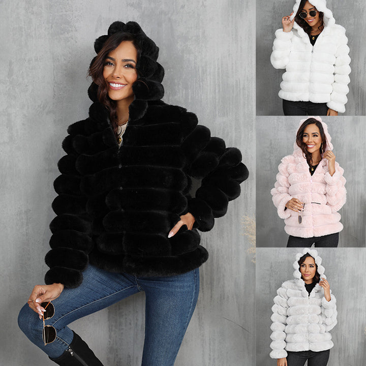Women's faux fur hooded jacket with textured pattern Lune London