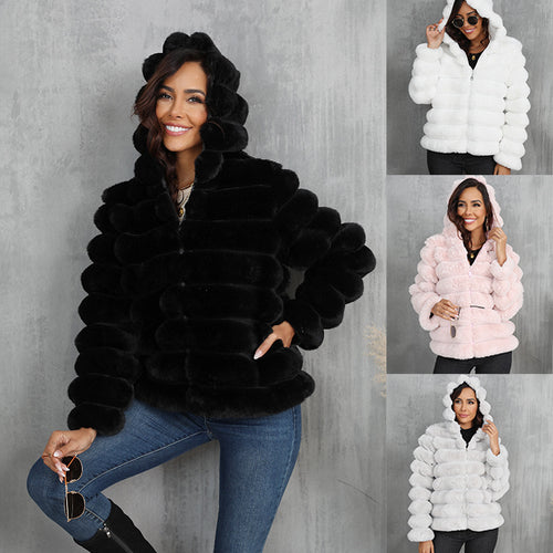 Women's faux fur hooded jacket with textured pattern Lune London