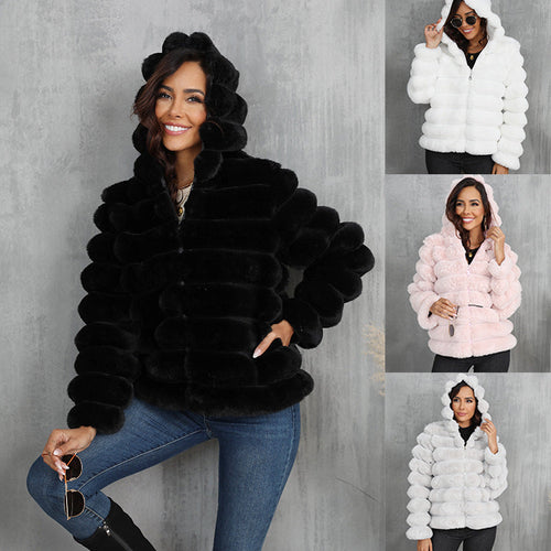 Women's Trendy Hooded Jacket Made Of Faux Fur with Textured Pattern Lune London