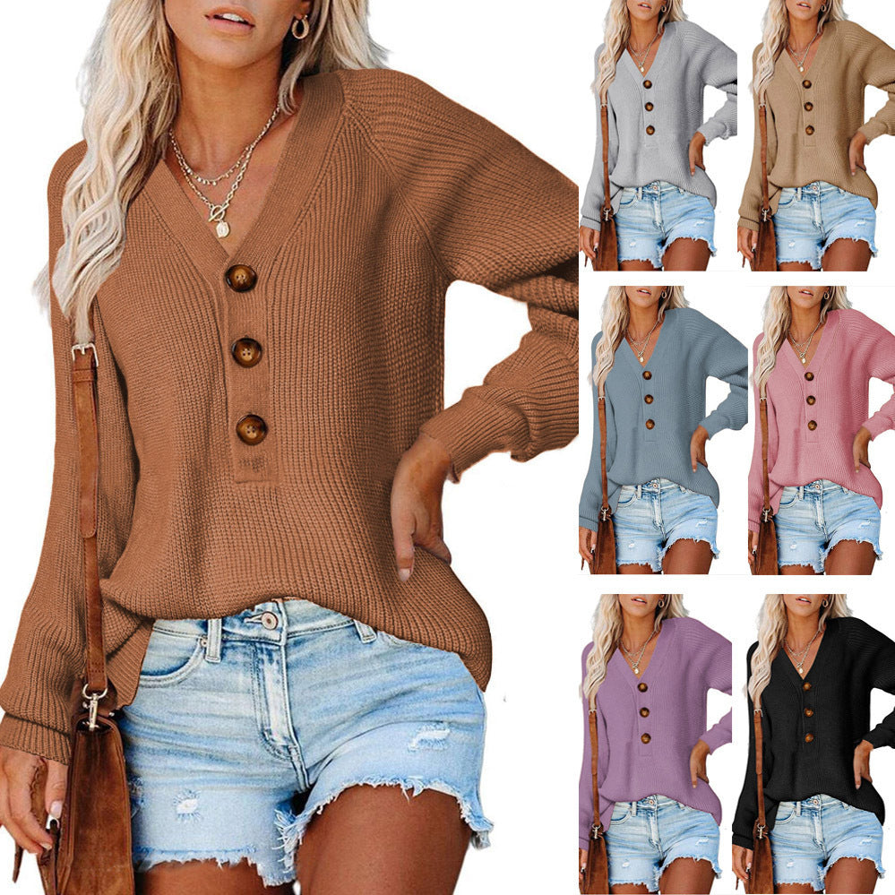Knitted sweater for women with V-neck and button details Lune London