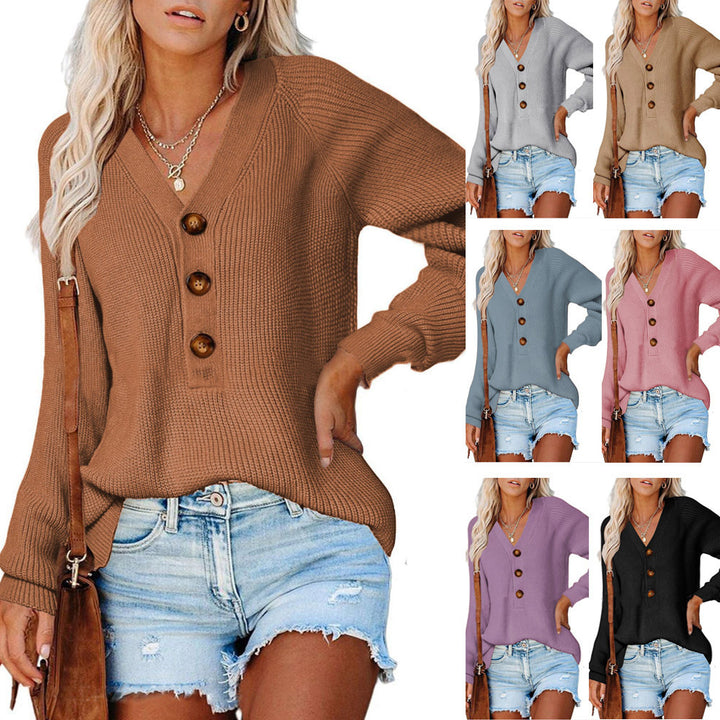 Knitted sweater for women with V-neck and button details Lune London
