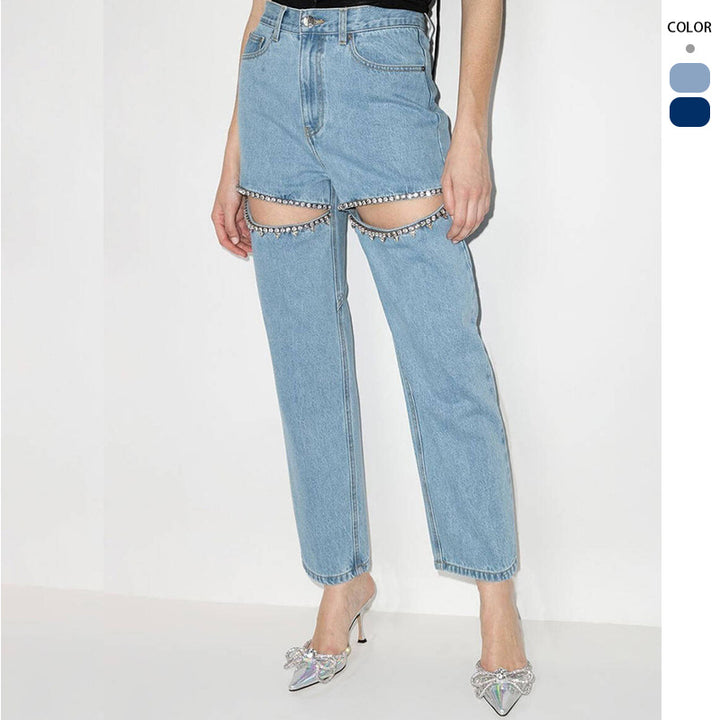 Ladies jeans with an extravagant cut-out design and glittering embellishments