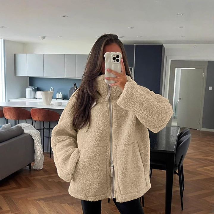 Ladies comfortable fleece sweater with high collar and large pockets Lune London