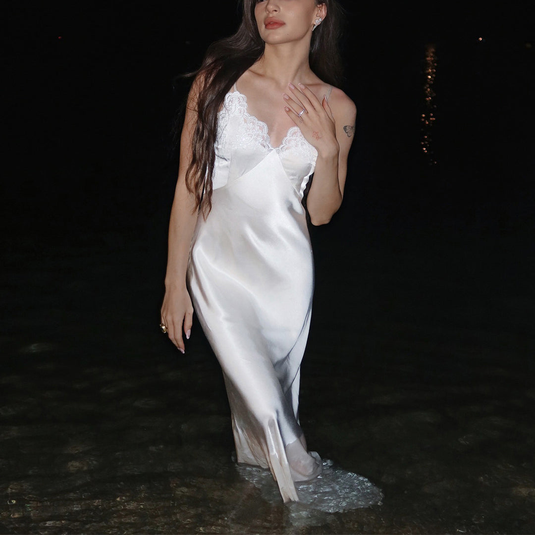 Ladies Satin Nightgown with Lace Accents Lune London