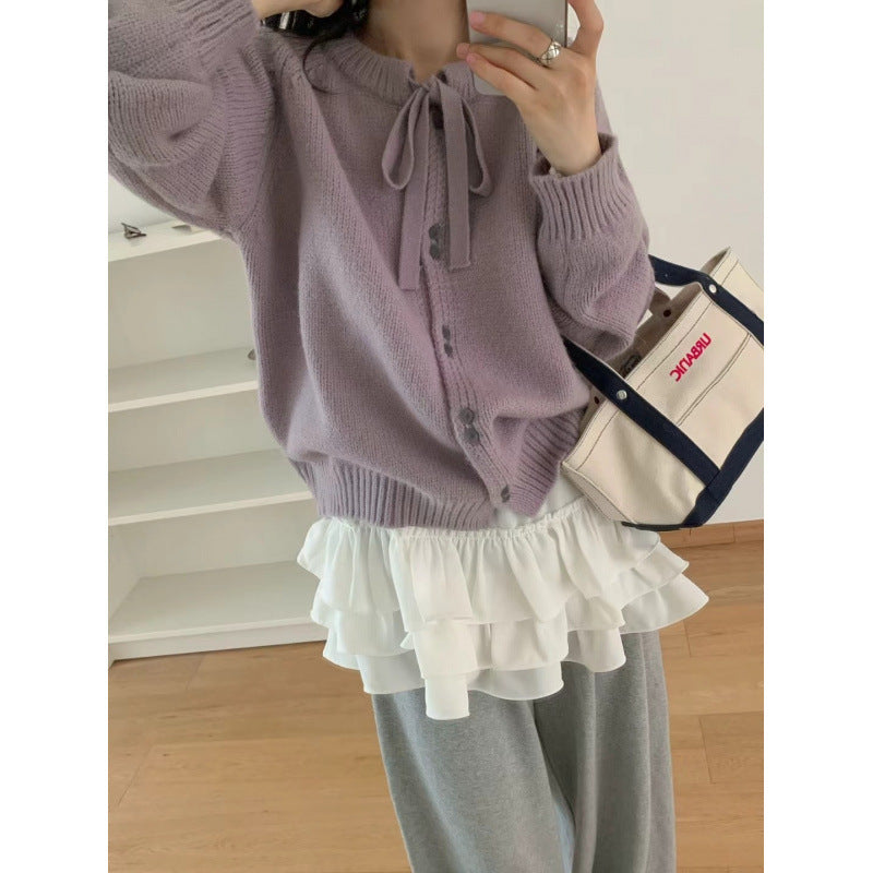 Cardigan court en tricot pour femmes avec ruban et matériau léger Chic & Stil