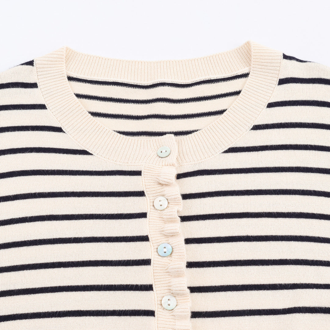 Striped knit jacket for women with ruffle details and button closure Lune London