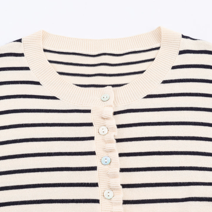 Striped knit jacket for women with ruffle details and button closure Lune London