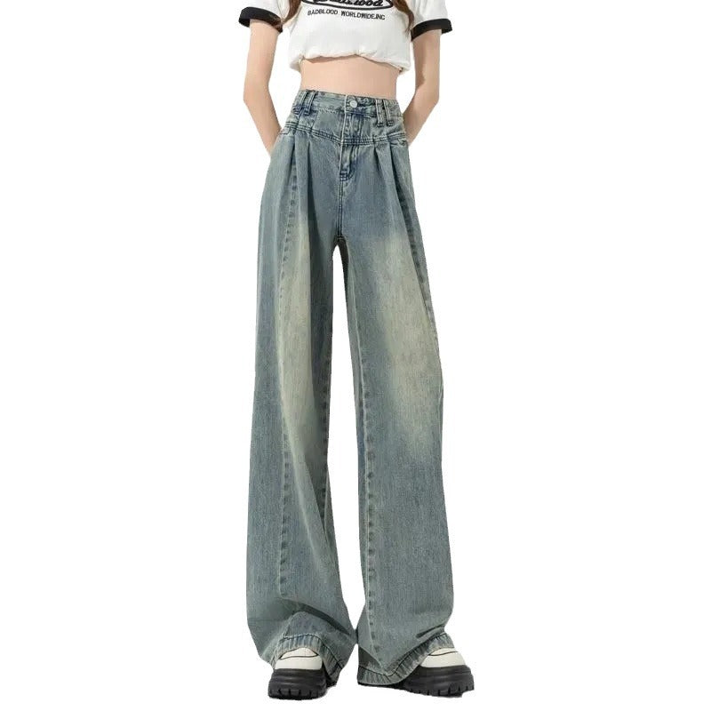 Jeans pour femmes taille haute amples avec plis