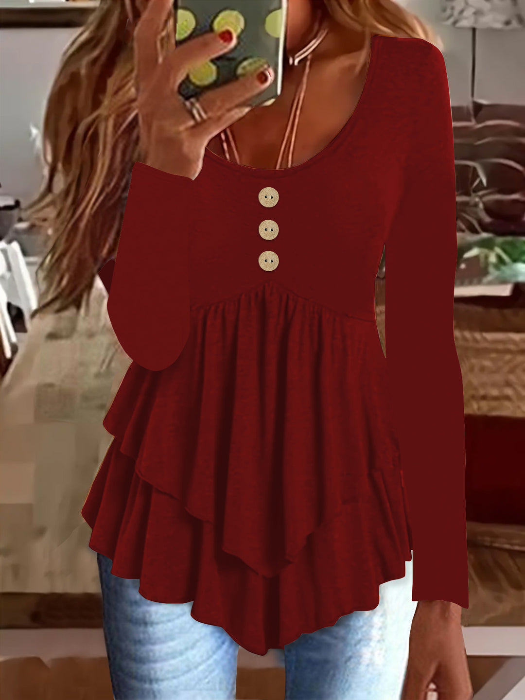 Long sleeve women's blouse with layered design and decorative button details Lune London