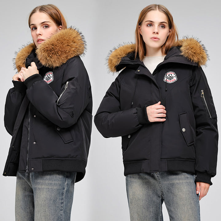 Ladies Puffer Sport Jacket with Removable Faux Fur Collar and Practical Chic Style Pockets