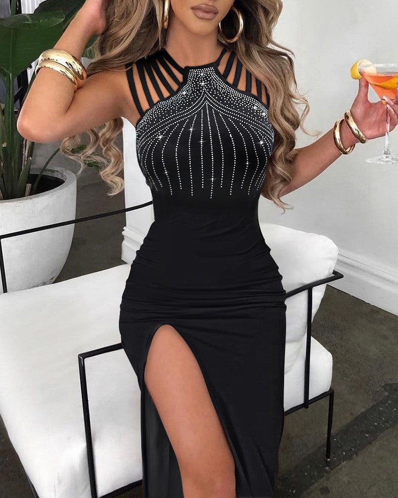 Ladies Elegant Evening Dress with Rhinestone Ornaments and a Deep Slit Lune London