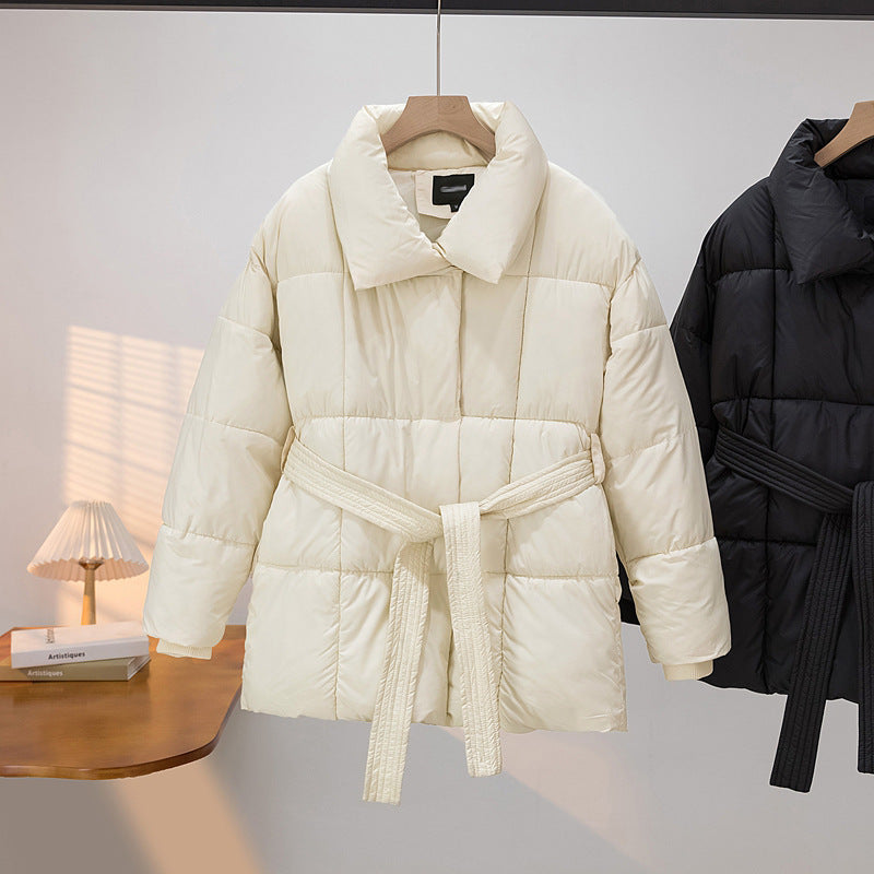Ladies Quilted Jacket with Belt and Elegant Chic Collar Shape