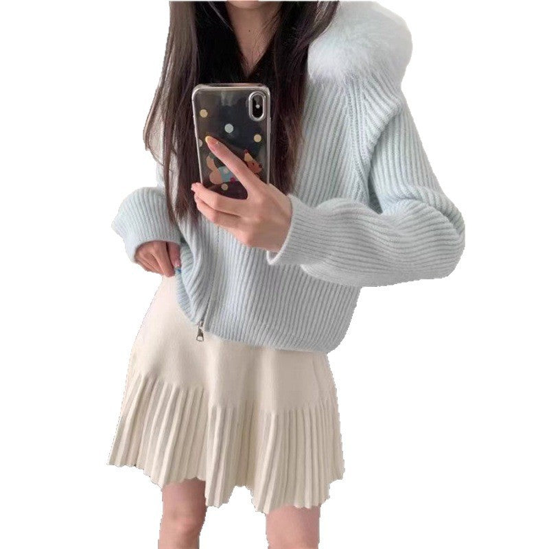 Veste en tricot côtelé douce pour femmes avec col en fourrure luxueuse Chic & Stil